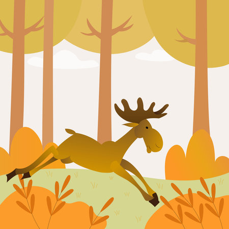 Deer running in the autumn forest. Vector illustration of a cartoon animal.のイラスト素材