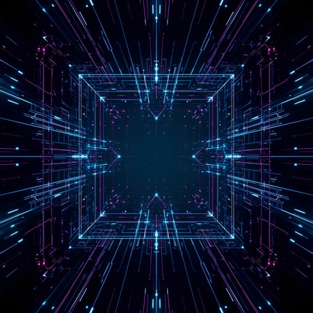 Futuristic neon grid with glowing lines, abstract digital backgroundの素材