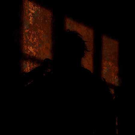 Silhouette of a man standing in an abandoned factory building.の素材