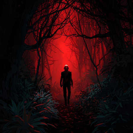 Halloween background with a girl in a dark forest. Vector illustration.の素材