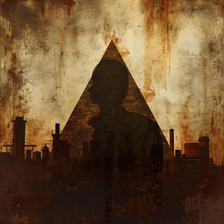 Grunge background with ancient Egyptian pyramid and silhouette of man.の素材