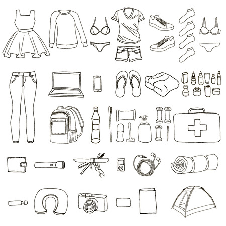 Necessary things for the world tour. Big hand drawn set of travel article. Clothing. Equipment. personal hygiene. First aid kit. Sleeping bag. Tent. Backpack. Trip around the worldのイラスト素材