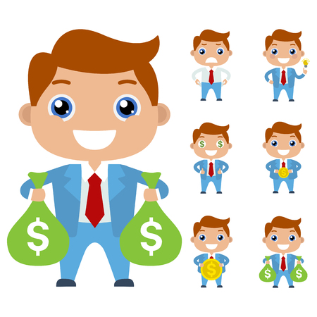 Cartoon cute businessman or managers character in different poses with money. Flat. Idea. Money. The path to success and wealth. Creative man in a blue suit. Bags with money isolated on white.のイラスト素材