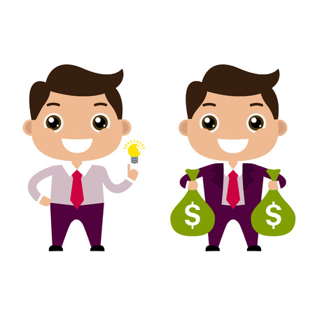 Cartoon cute businessman or managers character in different poses with money. Flat. Idea. Money. The path to success and wealth. Creative man in a blue suit. Bags with money isolated on white.のイラスト素材