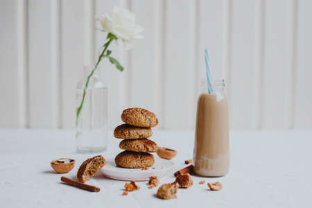 Healthy Homemade oatmeal cookies with walnuts. Healthy vegan food concept.の写真素材