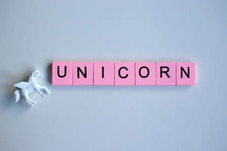 Unicorn word wooden cubes on a white backgroundの写真素材