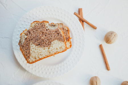 Homemade banana bread with cinnamon and walnuts.