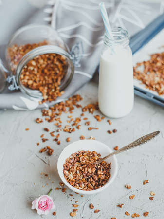 Organic homemade granola Ñereal with oats and walnuts. Healthy snack.の写真素材