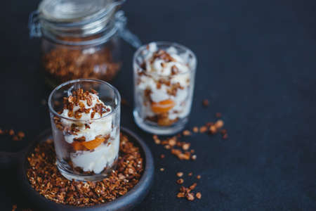 Organic homemade granola Ñereal with oats and walnuts, with ice cream and apricots. Healthy snack.の写真素材