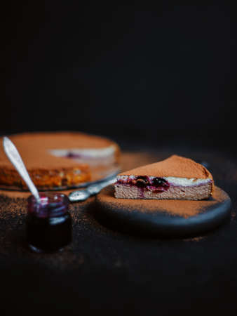 Appetizing cottage cheese casserole or cheesecake with cocoa and jamの写真素材