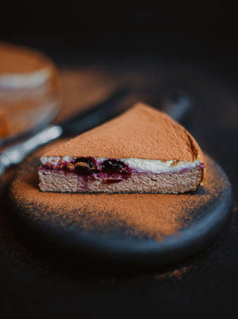 Appetizing cottage cheese casserole or cheesecake with cocoa and jamの写真素材