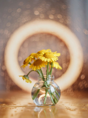 Yellow daisies in a glass vase, bokeh background. Autumn composition. Greeting card.の写真素材