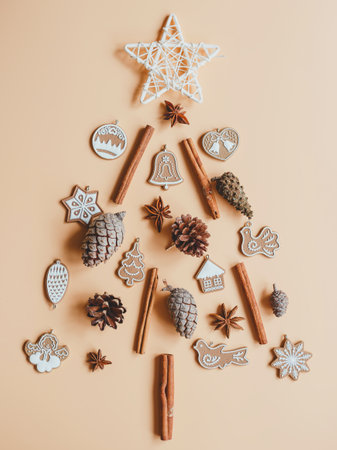 Composition in the form of a Christmas tree from pine cones, cinnamon, star anise, Christmas tree decorations. New year concept.の写真素材