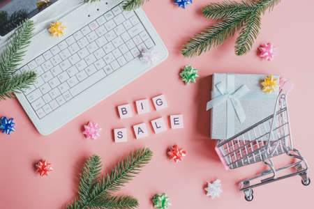Christmas and New Year's online shopping. Online big sales concept. Shopping cart with gift and laptop.の写真素材