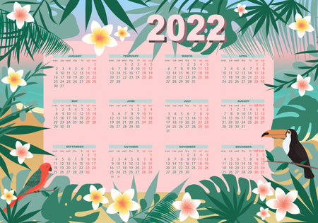 Calendar 2022 year, with tropical leaves and flowers, parrot and toucan.のイラスト素材