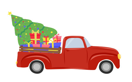 Christmas truck. Vector illustration of a Christmas red truck with a Christmas tree and gifts, on a white background.のイラスト素材