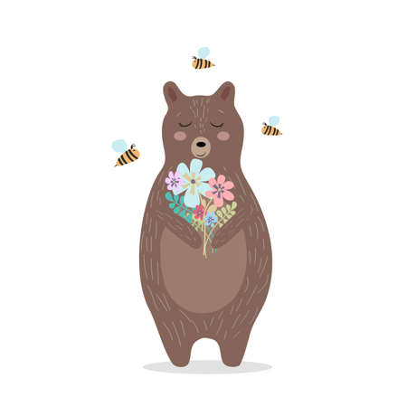 Cute bear with a bouquet of flowers and beesのイラスト素材