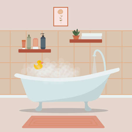 Cozy bathroom interior with bath full of foam and bath accessories. Foamy bathtub in cozy room. Flat vector illustration.のイラスト素材