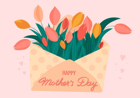 Happy Mother's Day greeting card with bouquet of tulips in an envelope. vector illustrationのイラスト素材