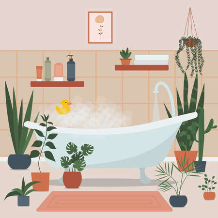 Cozy bathroom interior with bath full of foam and bath accessories, and plants growing in pots. Foamy bathtub in cozy room. Flat vector illustration.のイラスト素材