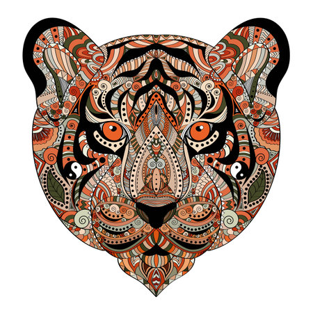 Colored Tiger Head. Hand drawn vector illustration. Can be used for t-shirt, postcard, poster, or tattoo design.のイラスト素材