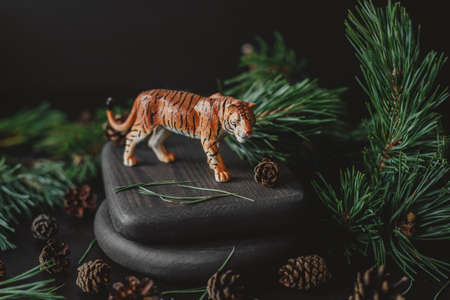 A figurine of a tiger surrounded by pine branches and cones. A symbol of the 2022 Chinese New Year.の写真素材