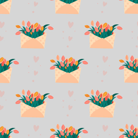 Seamless pattern with bouquet of tulips in an envelope. vector illustration.のイラスト素材