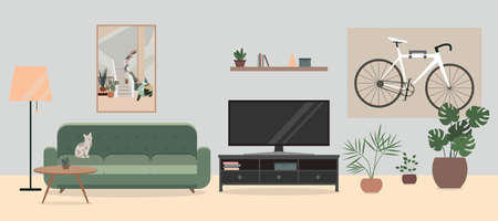 Cozy Living room interior with TV, sofa, flowers in pots, and a bicycle. Bike hanging on the wall in living room.のイラスト素材