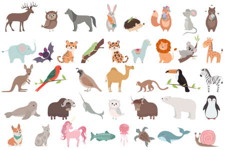 Big set with cute animals in cartoon style. Vector collection sea, wild and woodland animals in flat style.のイラスト素材