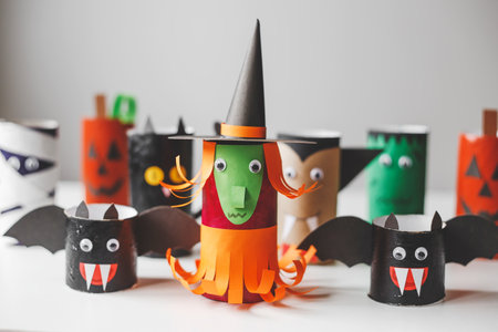 Halloween monsters from toilet paper rolls. Children's crafts for Halloween.の写真素材