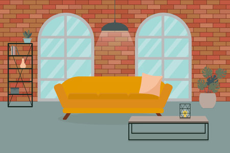Living room interior with sofa and window. Vector illustration in flat styleのイラスト素材