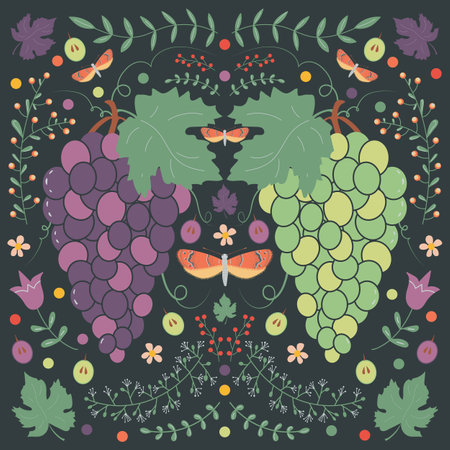 Grapes, flowers, leaves and butterflies. vector illustration.のイラスト素材