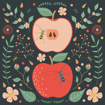 Cute vector illustration with an apple, leaves and flowers. Doodle style.のイラスト素材