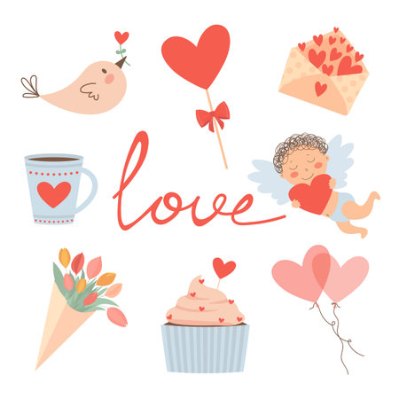 Cute Valentines day set with cupcakes, flowers, hearts, cupcake. vector illustrationのイラスト素材