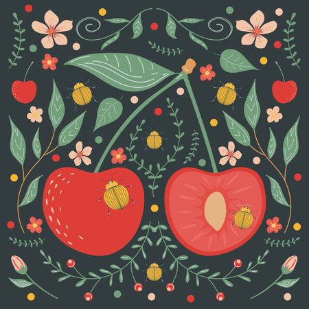 Cherries, leaves and flowers. vector illustration for your designのイラスト素材