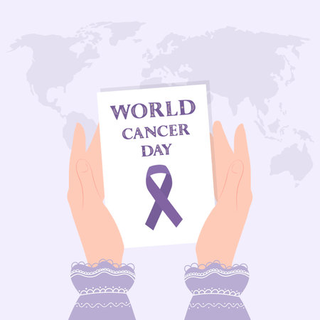 world cancer day with hands holding card and purple ribbon vector illustration designのイラスト素材
