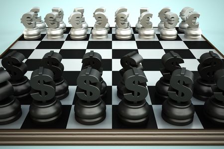 Chessboard with Euro and Dollar currency symbolsの写真素材