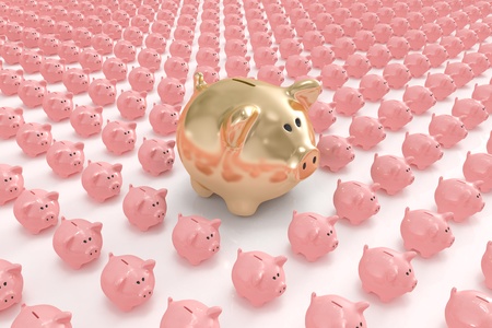 Big golden piggy bank standing outの写真素材