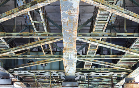 Bottom view of the structure under bridge, a bridge spanning the Tomsk from Novosibirsk, Russia