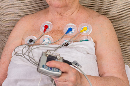 Woman wearing holter monitor device for daily monitoring of an electrocardiogram. treatment of heart disease. selective focusの写真素材