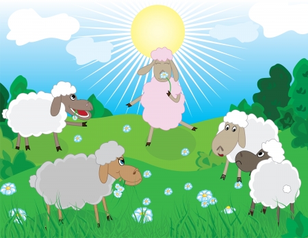 Sheeps in pasture with romantic sheep smelling the flowerのイラスト素材