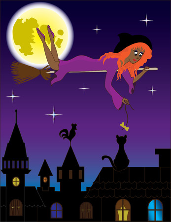 Young witch playing with a cat under nightly cityのイラスト素材