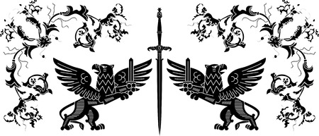 Sword, Griffins and floral elements stencil compositionのイラスト素材