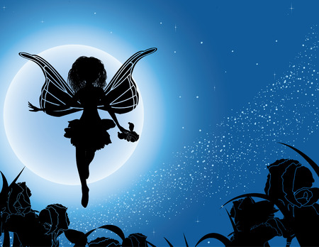 Flying Fairy Silhouette With Flowers In Night Sky Illustrationのイラスト素材 ストックフォト 写真素材のstock Foto ストックドットフォト