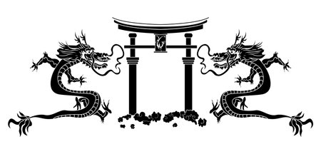 Torii and asian dragons stencilのイラスト素材