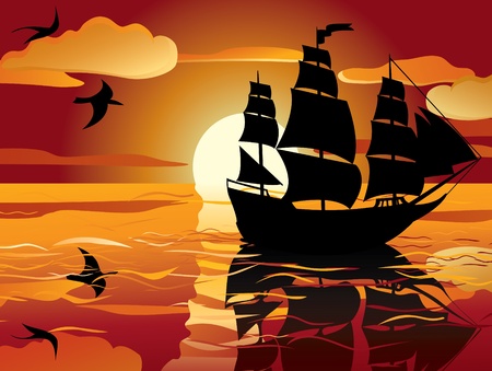 sunset. sailing vessel in tranquil evening seaのイラスト素材