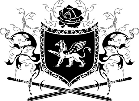 Shield with griffin, rose and crossing swordsのイラスト素材