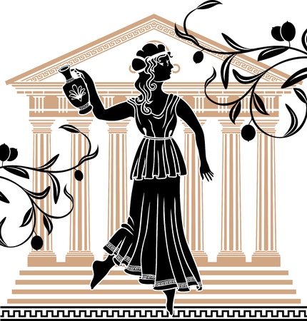 greek woman with amphora temple and olive branches backgroundのイラスト素材