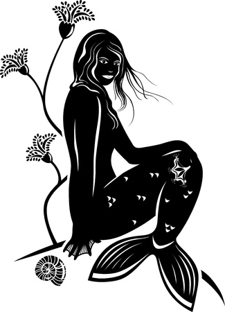 Mermaid on seabed, black stencil for stickersのイラスト素材