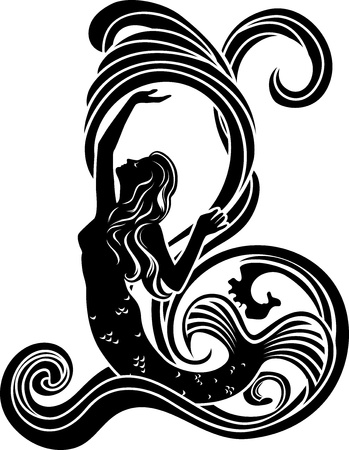 Mermaid in waves, black cliche in style of Art Nouveauのイラスト素材